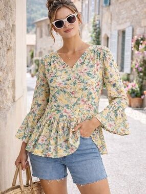 Floral Boho Peplum Blouse Bell Sleeve Medium NWOT Spring Top